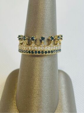 14K Yellow Gold Natural Diamond And Black Diamond Crown Ring Sz7
